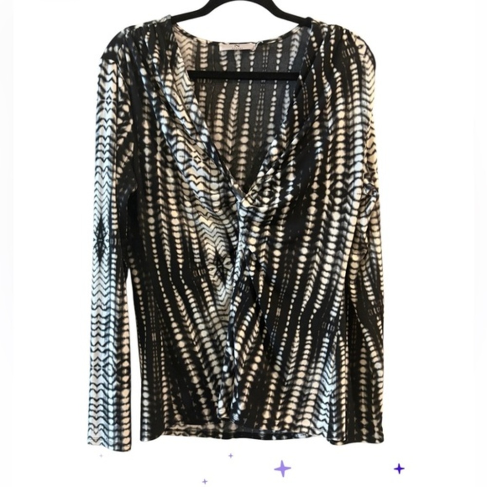Natori black abstract draped top twist front long sleeve minimalist Large